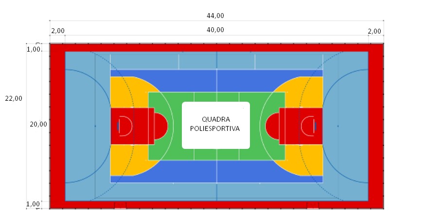 planta baixa de quadra poliesportiva com dimensões de 44m x 22m, incluindo recuos de 2m e 1m, respectivamente