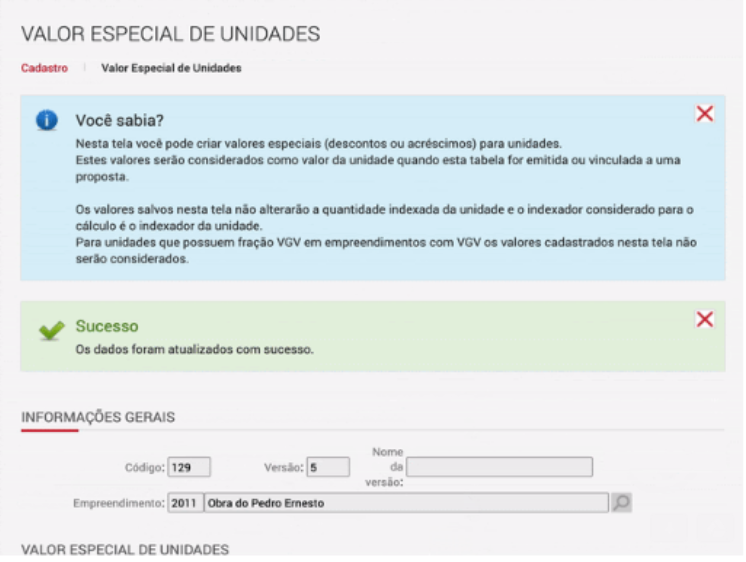 Imagem do dashboard do Sienge com a "Valor especial de Unidades"